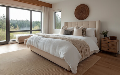 Tranquil farmhouse bedroom with natural tones, featuring a cozy bed with layered textures, large windows with forest views, and rustic woven wall decor.