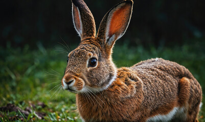 Fototapeta premium A brown rabbit with long ears sits in a field of green grass