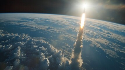 A rocket is launching into space with a bright trail of smoke behind it