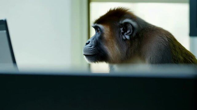 A thoughtful monkey intently works on a laptop, representing curiosity and intelligence in a quiet, focused environment, ideal for digital or educational themes.