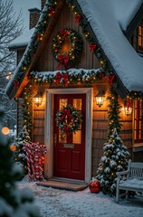 Fototapeta premium A building decorated with Christmas decor. The store is decorated with red bows, canes, Christmas tree garlands, a Christmas tree, lanterns and a Christmas wreath. Street decorated for New Year.