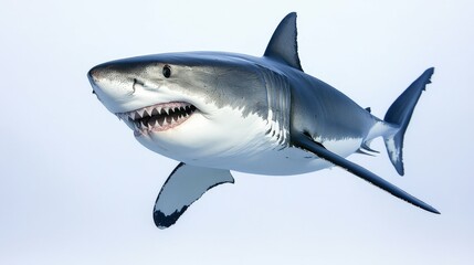Fototapeta premium Great white shark with open mouth, swimming in profile, sharp teeth visible, full-length, isolated on a white background