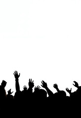 silhouette of exited crowd with raised hands isolated on white background with copy space