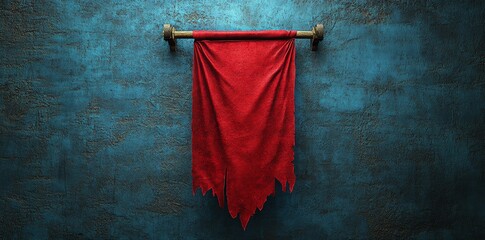 Red banner hanging on blue wall.