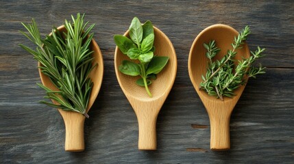 Fresh Aromatic Herbs on Wooden Spoons for Culinary Inspiration