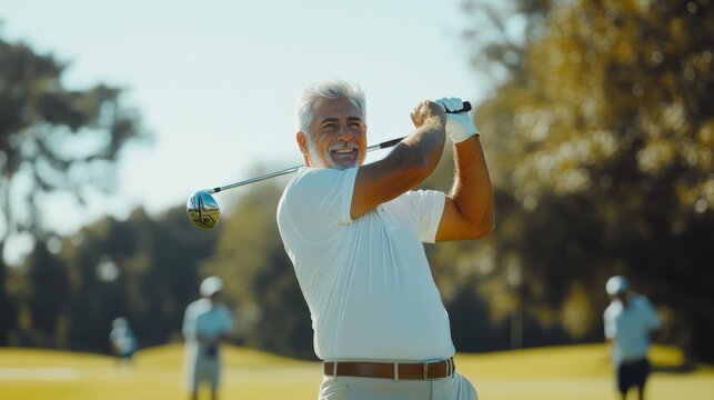 Middle-aged man in white polo swinging on lush golf course, clear sky, other players in background, bright sunlight