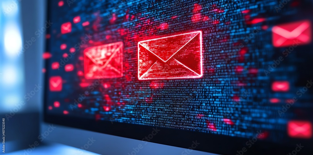 Poster Red email icons glowing on a computer screen, digital background with binary code.