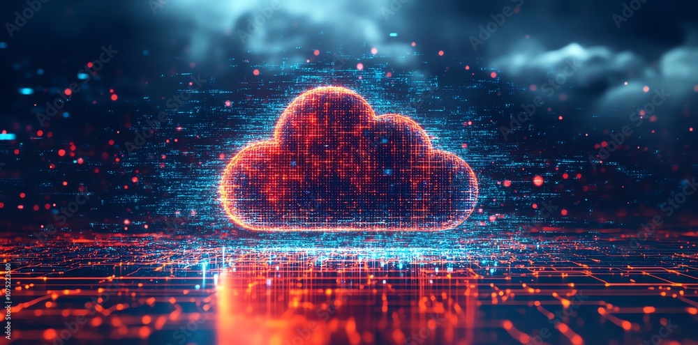 Poster red cloud computing symbol against dark blue background with futuristic digital grid and light flare