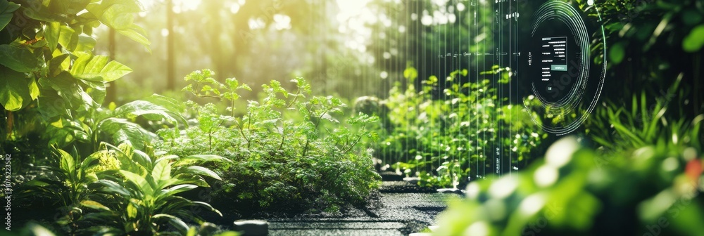 Poster This lush garden features automated sprinklers and soil sensors, promoting efficient watering and healthy plant growth in sunlight. Generative AI