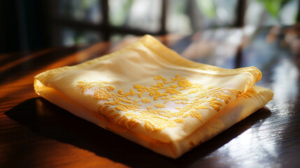 Yellow handkerchief with embroidery on a desk