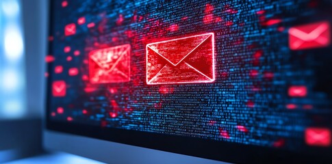Red email icons glowing on a computer screen, digital background with binary code.