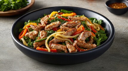 Fototapeta premium Colorful Stir-Fried Dish with Tender Meat, Fresh Vegetables, and a Flavorful Sauce Served in a Black Bowl on a Rustic Surface