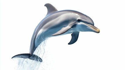 Obraz premium Gray and white dolphin with a smooth body, captured mid-leap, looking forward, full-length, centered, isolated on a white background