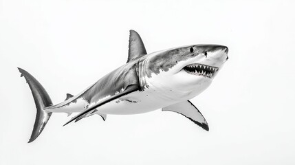 Obraz premium Great white shark with open mouth, swimming in profile, sharp teeth visible, full-length, isolated on a white background