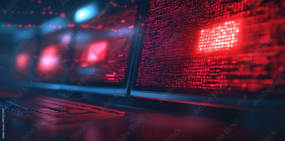 Poster Red glowing code on a computer screen with a blurred background of other screens in the same environment.