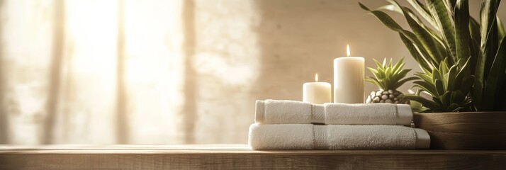 Folded white towels on a wooden table with candles and a green plant, bathed in warm sunlight, creating a serene spa like atmosphere