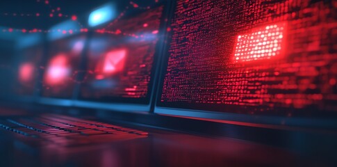 Red glowing code on a computer screen with a blurred background of other screens in the same environment.