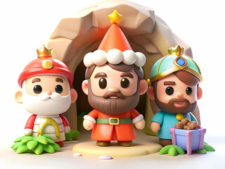 Fototapeta premium Reyes Magos Exploring Mystical Cave Enchanting Scene with Plain Background and Copy Space for Fantasy-Themed Ads or Magazine Covers, Perfect Photo Stock Concept