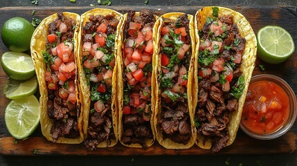 top view of mouthwatering mexican barbacoa tacos, beautifully arranged on a pristine white background, showcasing vibrant colors and textures of ingredients that evoke a culinary feast