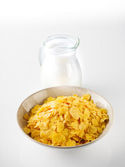 Crispy Corn Flakes with Milk Splash, Healthy Breakfast Cereal in Bowl, Morning Energy Meal