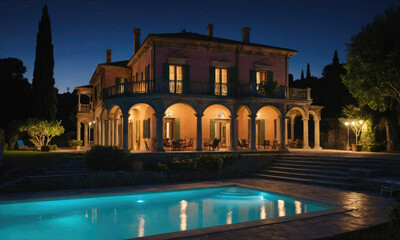 A large, elegant villa with a pool sits under a starry night sky