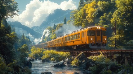 Obraz premium train traveling gracefully along tracks bordered by a lush forest, capturing the seamless connection between transportation and nature, evoking feelings of exploration and adventure