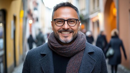 Obraz premium Smiling Man in a Cozy Scarf on a Vibrant Street