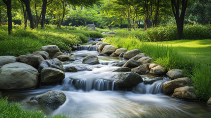 Spokojny widok na łagodny strumyk przepływający po gładkich kamieniach, otoczony soczyście zieloną trawą i drzewami, oddający cichą harmonię natury.