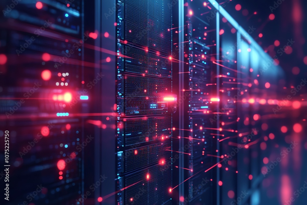 Poster Server room with glowing lights and lines representing data flow and connections.