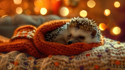 Fototapeta premium A cute little hedgehog wearing an orange scarf 
