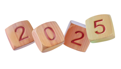 A wooden cubes word 2025 PNG transparent background design for new year 2025