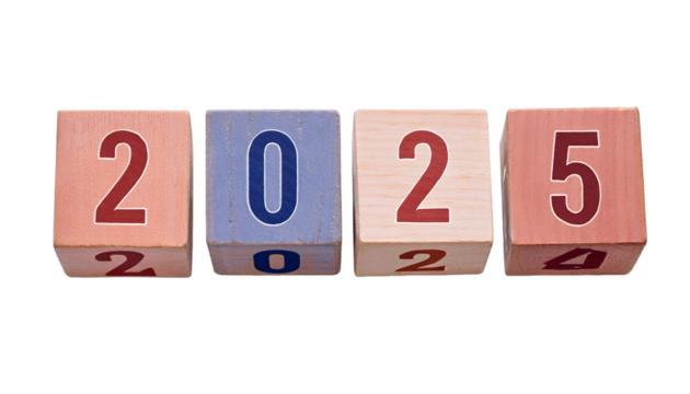 A wooden cubes word 2025 PNG transparent background design for new year 2025 - Powered by Adobe