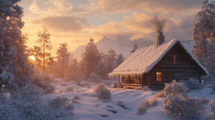 Uroczy, drewniany domek zanurzony w śnieżnym krajobrazie, jego dach ciężki od świeżego puchu. 