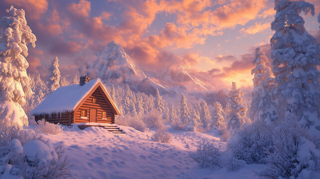 Fototapeta Uroczy, drewniany domek zanurzony w śnieżnym krajobrazie, jego dach ciężki od świeżego puchu. 