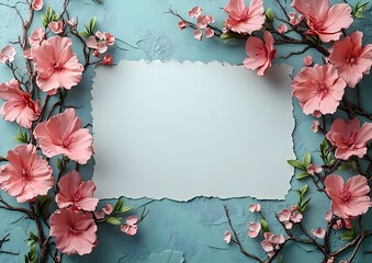 Obraz premium blank sheet of white paper with waves sides on light blue surface, on the sides of soft pink flowers. Place for text or logo