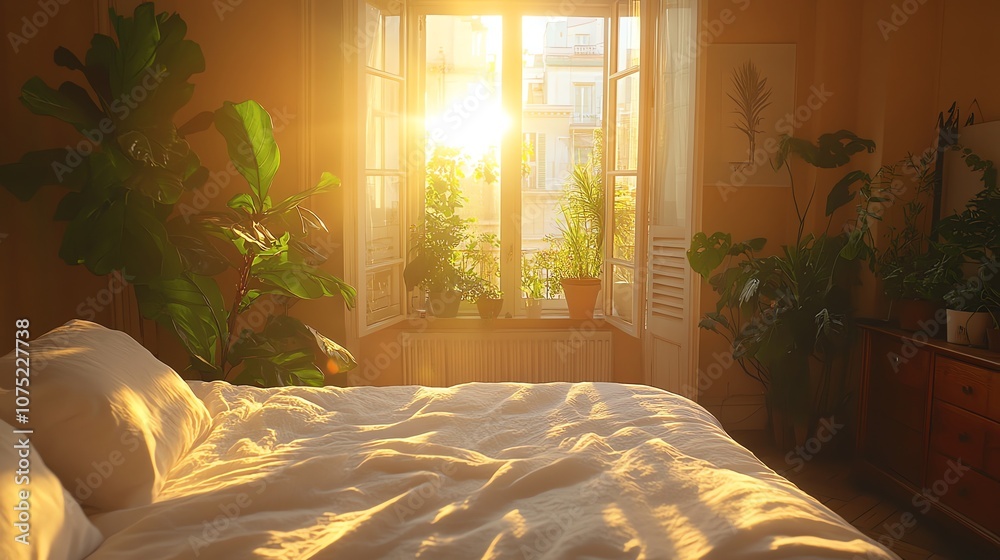 Poster sunlight streams through a window illuminating a bedroom with white bedding and plants.