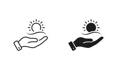 Human Hand Holds Sun Line and Silhouette Icon Set. Ecological Solar Energy Sign. Environment Care Pictogram. Morning Sunlight Symbol. Editable Stroke. Isolated Vector Illustration