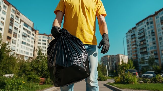 A person holding a black trash bag, preparing to collect garbage, standing on a residential street, emphasizing the act of cleaning up the environment in an everyday setting.