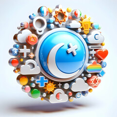 Obraz premium 3D Glossy Interfaith Symbols Overlay Design for World Religion Day Magazine Advertisement - Unified Harmonious Concept with Copy Space, Isolated Glossy Icons on Plain Background