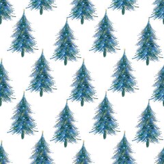 Seamless watercolor pattern featuring Christmas trees on a white background. Ideal for holiday gift wrap, greeting cards, fabric designs, seasonal decor, and DIY projects.