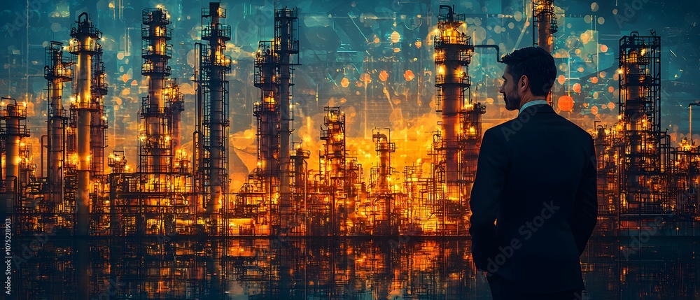 Poster business professional observing an industrial landscape at sunset with illuminated structures and di