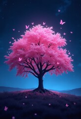 A glowing tree with pink blossoms and butterflies against a night sky with stars