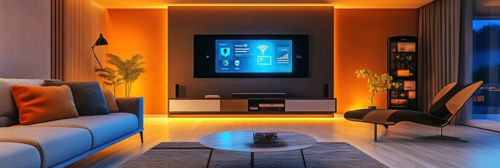 The modern living room showcases ambient smart lighting, touch panels, and a sleek design, creating a warm and inviting atmosphere. Generative AI