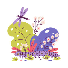 Cartoon caterpillar on colorful summer floral background, vector worm insect and dragonfly doodle drawn wildlife fauna