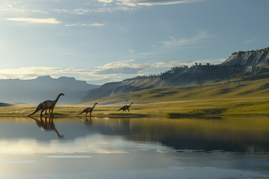 Troupeau de dinosaures sauropodes du genre Cetionsaurus.