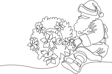 Character With A Sack Full Of Gifts. Vector Hand Drawn Illustration. One continuous line drawing Santa Claus on reindeer and sled. concept for Christmas and New Year