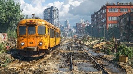 Naklejka premium Abandoned train on overgrown tracks in a cityscape.