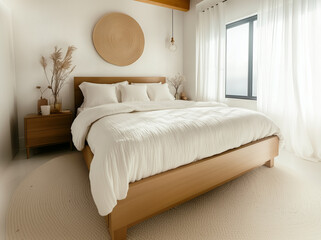 Fototapeta premium Minimalist farmhouse bedroom with soft, neutral tones, natural wood accents, and layered textures. Gentle sunlight highlights the cozy, organic ambiance.