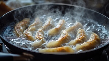 Golden Brown Dumplings Cooking in Hot Oil on a Pan with Steaming Bubbles, Capturing the Essence of Delicious Asian Cuisine and Culinary Arts