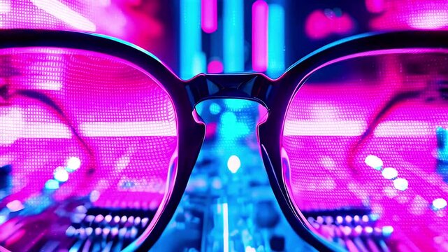 Close up of black framed glasses sitting on a circuit board with neon lights.